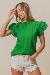 BiBi Solid Woven Circle Trim Ruffle Top OutfitFlow